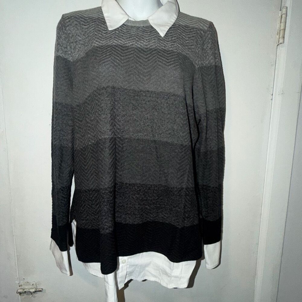 FOXCROFT Grey Stripe Ombre Sweater and White Blouse Combo Top-M